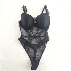 Victoria's Secret One Piece Teddy Black Lace Lingerie Wired Padded Women's XL